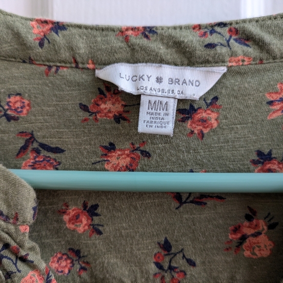 Lucky Brand long-sleeve top Sz M olive green/pink boho - Picture 3 of 6